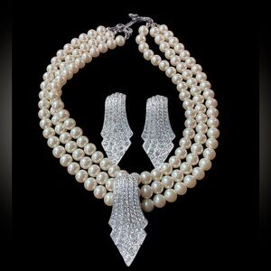 Vintage Carolee Art Deco Triple Pearl Strand Rhinestone Pendant & Earrings Set